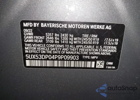 2023 BMW X3 xDrive30I из США, поврежденный, VIN 5UX53DP04P9P09903